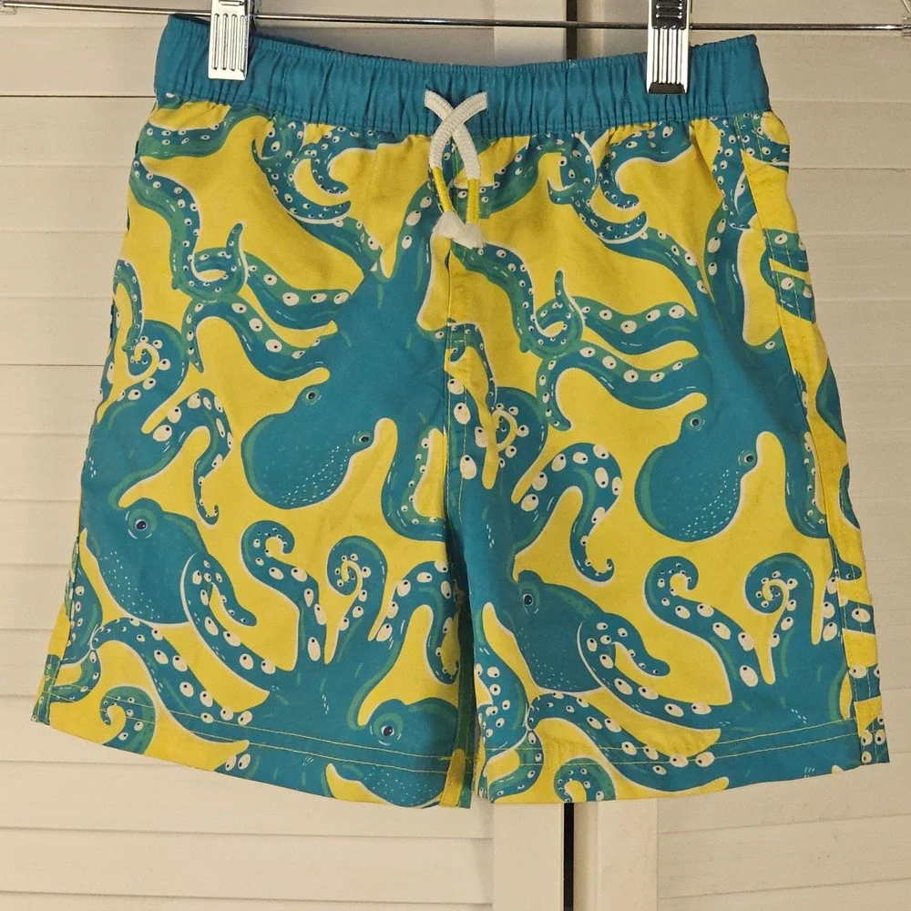Mini Boden Boys Yellow Blue‎ Octopus Board Shorts Swim Trunks 5 6